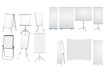 Large collection of roll up stands isolated on white background