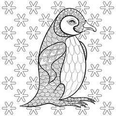 Coloring pages with King Penguin among snowflakes, zentangle ill