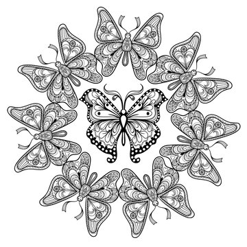 Zentangle vector circle of flying Butterflies for adult anti str