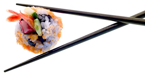 Papier Peint photo Lavable Bar à sushi Sushi et baguettes isolés sur blanc.