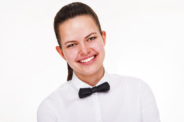 Young woman in waiter uniform isolated over white background.