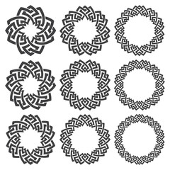 Set of magic knotting rings. Nine circular decorative elements with stripes braiding for your design