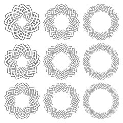 Set of magic knotting rings. Nine circular decorative elements with stripes braiding for your design