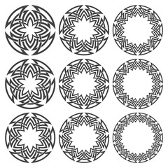 Set of magic knotting mandalas. Nine circular decorative elements with stripes braiding for your design