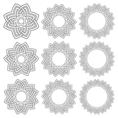 Set of magic knotting mandalas. Nine circular decorative elements with stripes braiding for your design