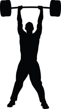 Silhouette Illustration Of A Strong Man Lifting A Barbell With Weights Over His Head With Success.