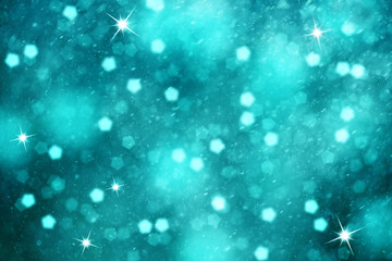 Fototapeta na wymiar Dreamy turquoise color blurry bokeh with snowflakes and sparkle illustration. Lovely Christmas and New Year Holiday greeting card copy space background.
