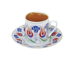 Turkish coffee with traditional ottomans motif cup, isolated on white background
