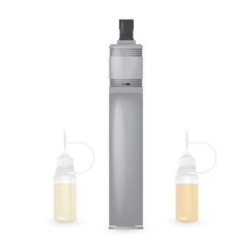 Vector illustration of vaping kit - mechanical mod with bottles with liquid