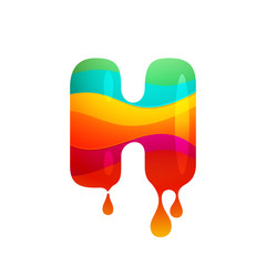 H letter logo with juice splash, waves and drops.
