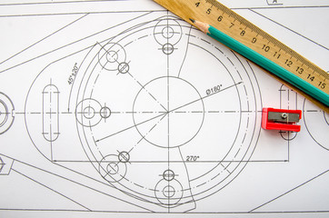 Pencil, ruler and engineering drawings