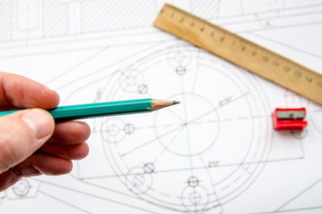 Pencil, ruler and engineering drawings