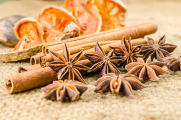 Star anise and cinnamon spicy on sackcloth