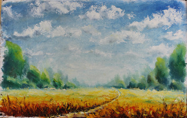 summer road through field, clouds, green trees, oil painting
