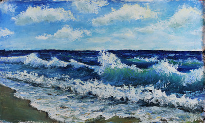 Original oil painting seascape, waves of the sea, blue sky, clouds, on canvas. Impasto artwork. Impressionism art.