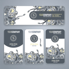Corporate Identity vector templates set with doodles it theme in gray colors.  Office stuff, phone, wires with connectors, cup of cofee, clips