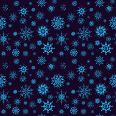Elegant neon blue snowflakes of various styles isolated on dark blue background