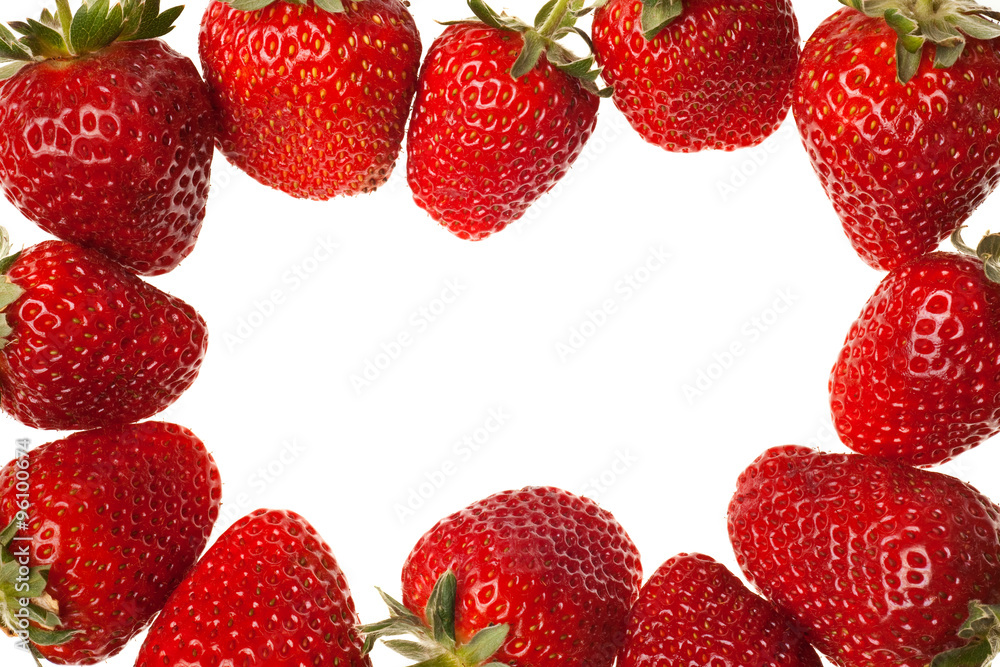 Sticker ripe red strawberries with stems and leaves isolated on white ba