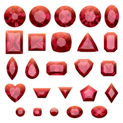 Set of realistic red jewels. Rubies isolated.