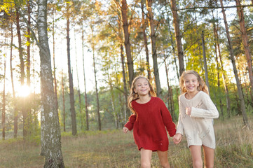 Fototapeta premium portrait of two sisters during the autumn harvest