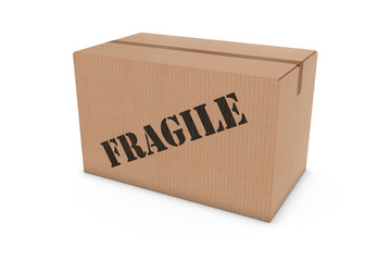 FRAGILE Stenciled Cardboard Box Isolated on White Background