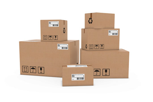 Stack of Cardboard Boxes with Delivery Labels Isolated on White