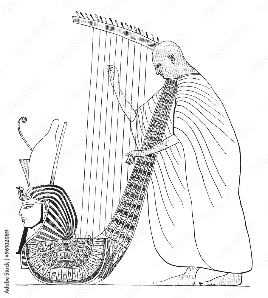 Sticker harpist, painting caves of beni-hassan, vintage engraving.