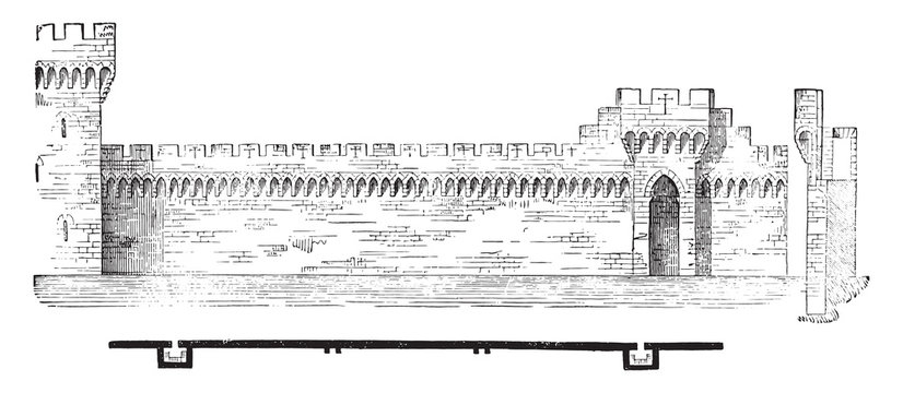 Plan and section of the ramparts of Avignon, vintage engraving.