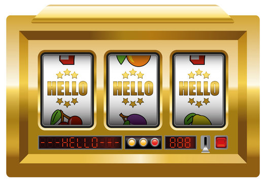 Golden hello - business term - slot machine with three reels lettering GOLDEN HELLO. Isolated vector illustration on white background.