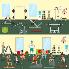 empty gym with exercise equipment. People engaged in the modern gym. vector illustration.