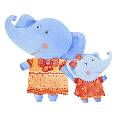 Watercolor illustration of elephants family