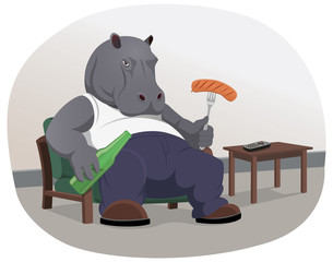 Overweight hippopotamus is sitting lazy on a sofa and watching a TV. Drinking beer and eating a sausage on a fork.