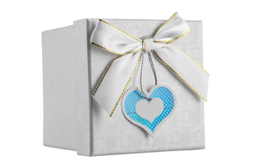 Isolated gift box with white ribbon on white background.