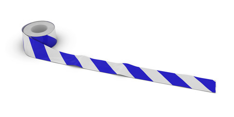 Blue and White Striped Tape Roll unrolled across white floor