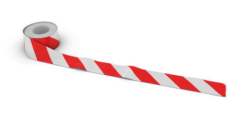 Fototapeta premium Red and White Striped Tape Roll unrolled across white floor