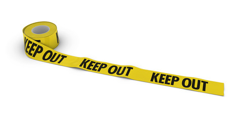 KEEP OUT Tape Roll unrolled across white floor
