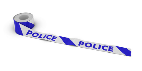 POLICE Barrier Tape Roll unrolled across white floor