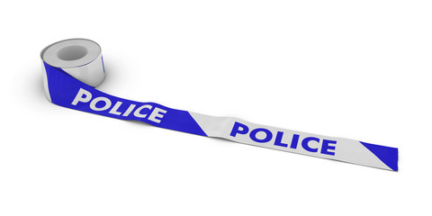 Blue and White POLICE Tape Roll unrolled across white floor
