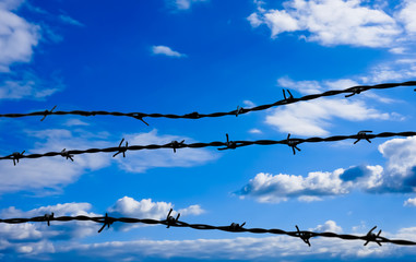 Barbed wire on blue sky background.