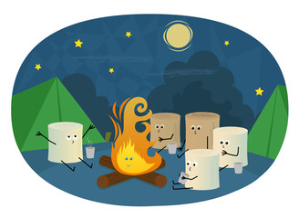 Fototapeta premium Marshmallows Camping - Cute marshmallows are sitting around a campfire drinking hot chocolate. Eps10
