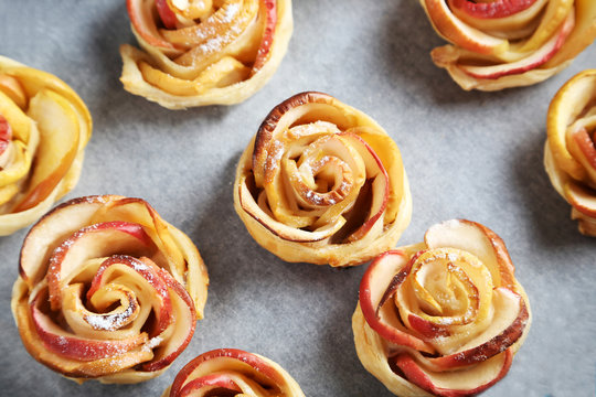 Fresh puff pastry with apple shaped roses