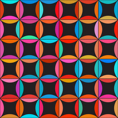 Vector Seamless Colorful Circle Star Quilt Tiling Pattern on Dark Background