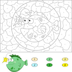 Color by number educational game for kids. Funny cartoon fish an