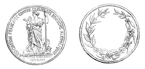 Naklejka premium Medal of the French Society of temperance, vintage engraving.