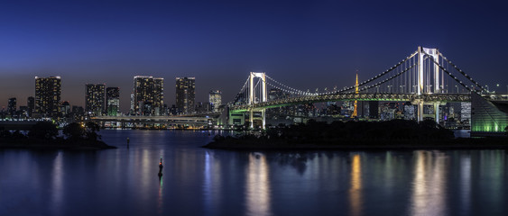 Fototapeta na wymiar Panorama of Famous rainbow bridge in Tokyo bay