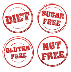 Set of four red grunge rubber stamps with captions: DIET, SUGAR