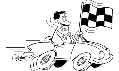Obraz na płótnie Canvas Black and white illustration of a man driving a car and holding a checkered flag.