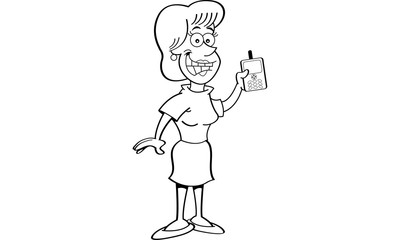 Black and white illustration of a women holding a cell phone.