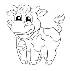 Funny cartoon cow. Black and white vector illustration for coloring book