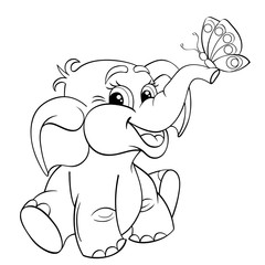 Naklejka premium Funny cartoon baby elephant with butterfly. Black and white vector illustration for coloring book